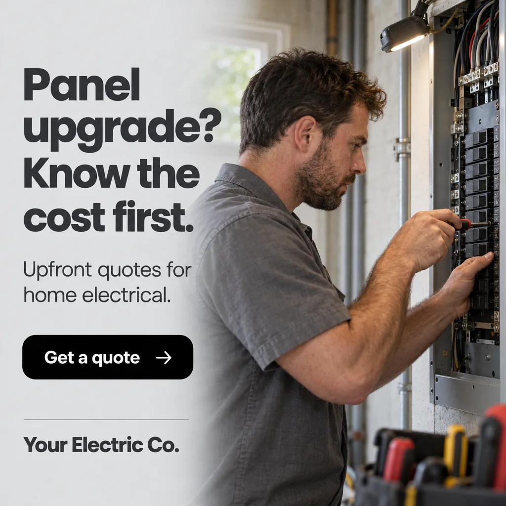 Sample Electrician ad for a placeholder business ('Your Electric Co.'): headline 'Panel upgrade? Know the cost first.' over a realistic photo, with a 'Get a quote' button.