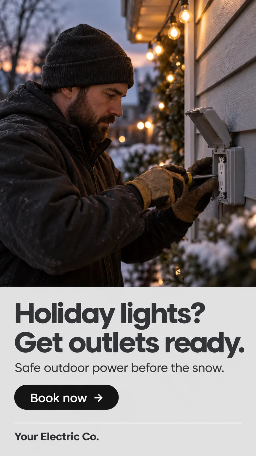 Sample Electrician ad for a placeholder business ('Your Electric Co.'): headline 'Holiday lights? Get outlets ready.' over a realistic photo, with a 'Book now' button.
