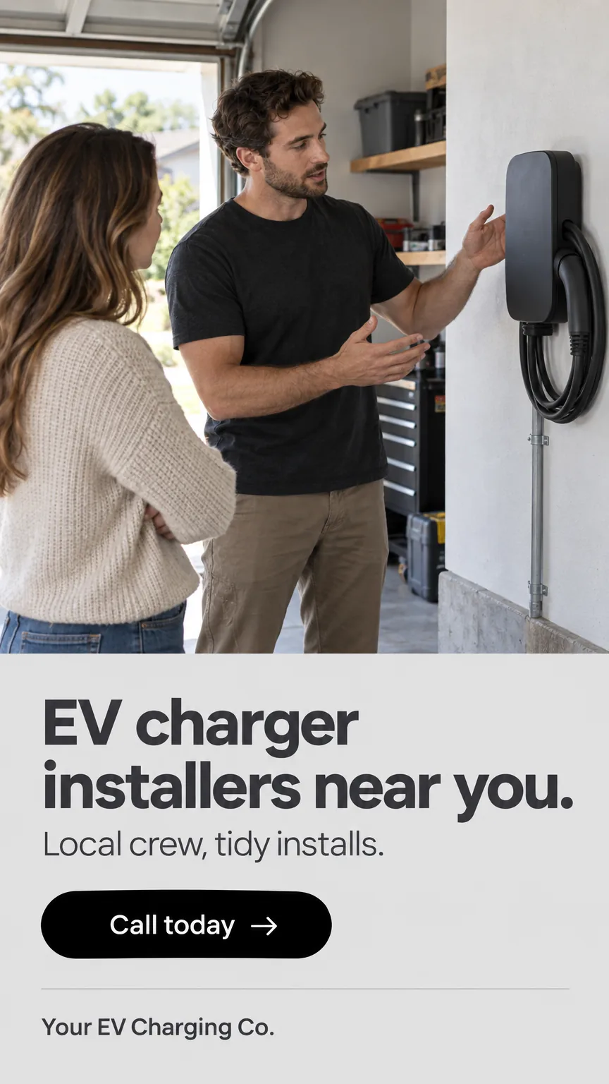 Sample EV charger installer ad for a placeholder business ('Your EV Charging Co.'): headline 'EV charger installers near you.' over a realistic photo, with a 'Call today' button.