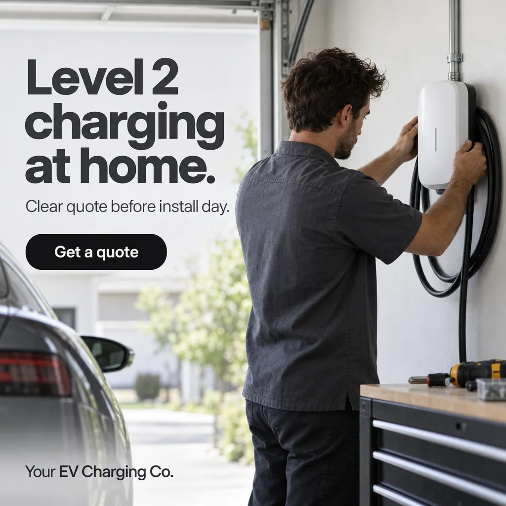 Sample EV charger installer ad for a placeholder business ('Your EV Charging Co.'): headline 'Level 2 charging at home.' over a realistic photo, with a 'Get a quote' button.