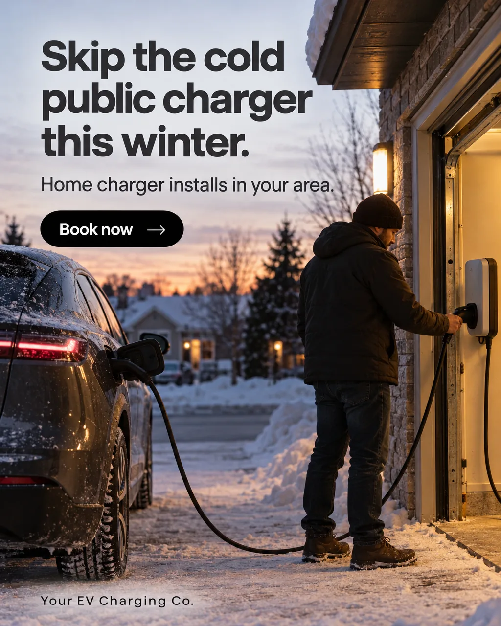 Sample EV charger installer ad for a placeholder business ('Your EV Charging Co.'): headline 'Skip the cold public charger this winter.' over a realistic photo, with a 'Book now' button.