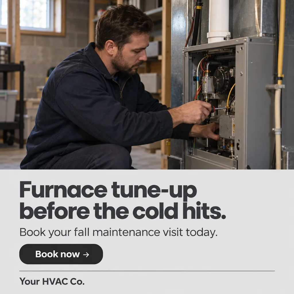 Sample HVAC ad for a placeholder business ('Your HVAC Co.'): headline 'Furnace tune-up before the cold hits.' over a realistic photo, with a 'Book now' button.