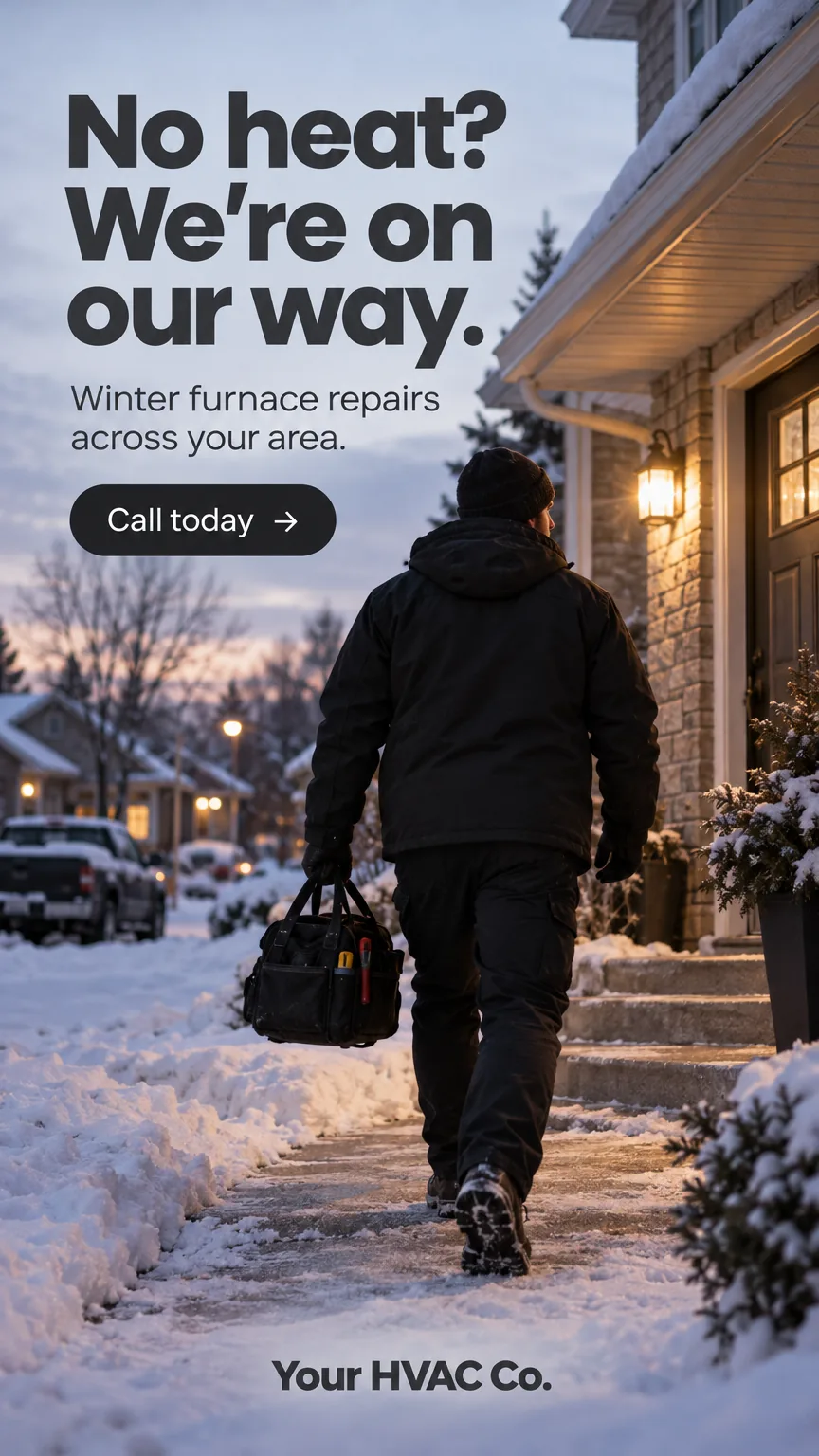 Sample HVAC ad for a placeholder business ('Your HVAC Co.'): headline 'No heat? We're on our way.' over a realistic photo, with a 'Call today' button.