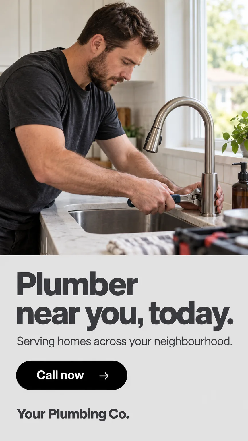 Sample Plumbing ad for a placeholder business ('Your Plumbing Co.'): headline 'Plumber near you, today.' over a realistic photo, with a 'Call now' button.