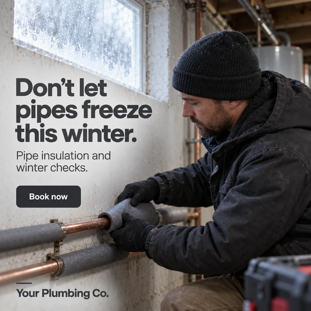 Sample Plumbing ad for a placeholder business ('Your Plumbing Co.'): headline 'Don't let pipes freeze this winter.' over a realistic photo, with a 'Book now' button.