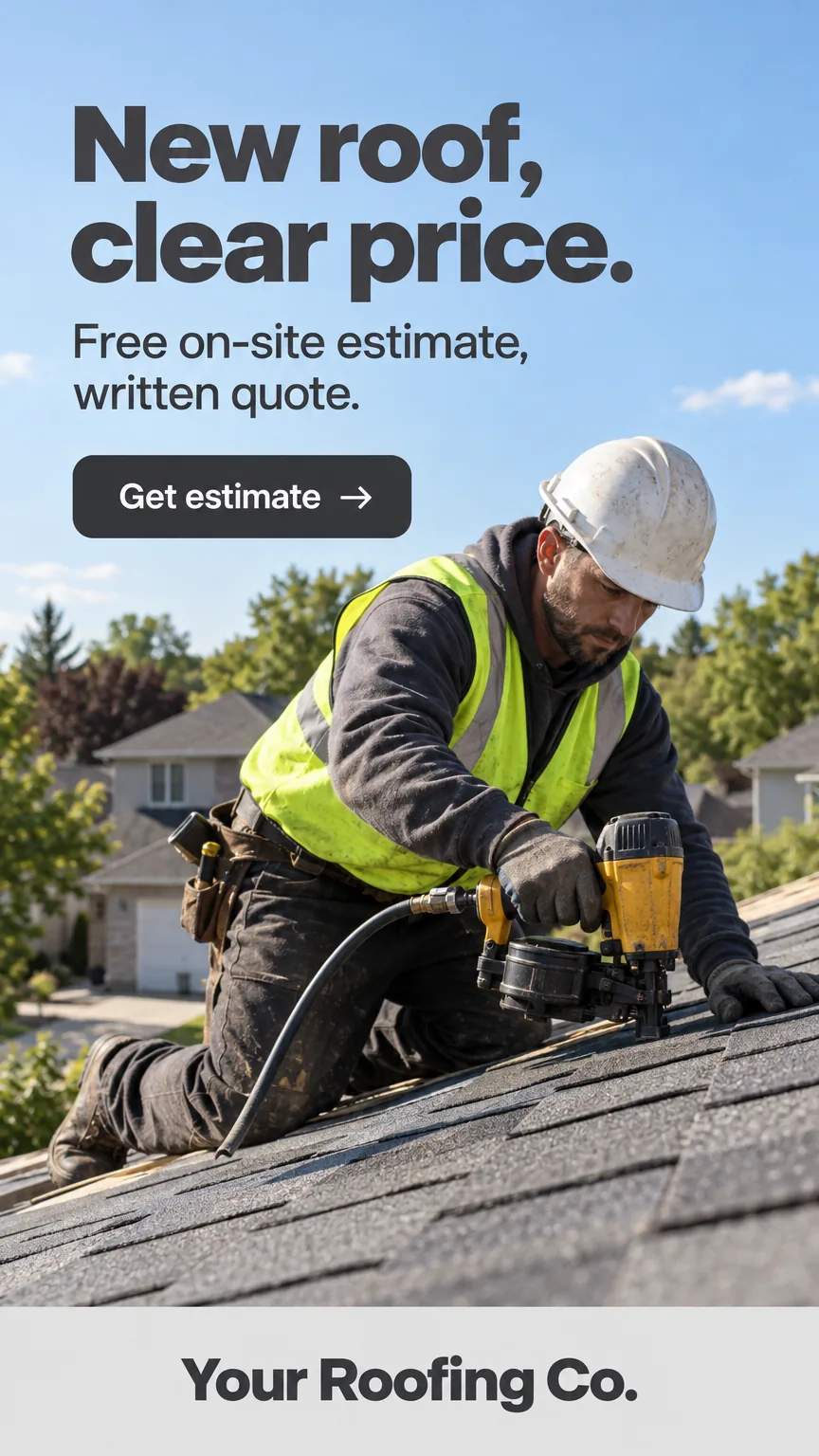 Sample Roofing ad for a placeholder business ('Your Roofing Co.'): headline 'New roof, clear price.' over a realistic photo, with a 'Get estimate' button.